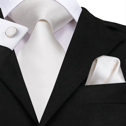 Conjunto clásico de corbata de seda blanca con pañuelo de bolsillo y gemelos