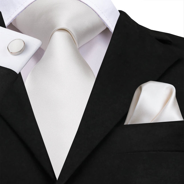 Conjunto clásico de corbata de seda blanca con pañuelo de bolsillo y gemelos