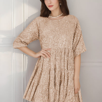 Fashionable Round-neck Loose-fit Short-sleeve Dress With Sequins