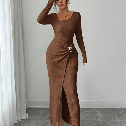Autumn And Winter Irregular Neckline Solid Color Knitted Texture Long Dress For Women