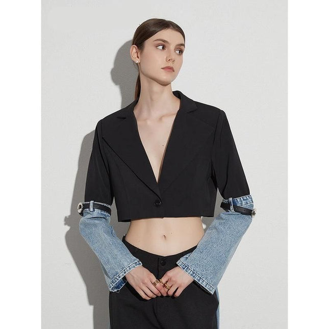 Manteau court en denim à patchwork color block