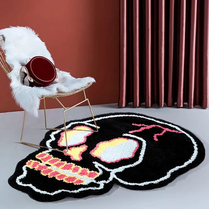 Tapis de salon et de chambre à coucher à motif tête de mort noir irrégulier et funky