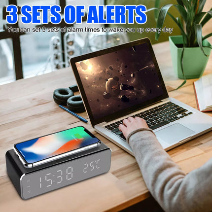 Wireless Charger and LED Alarm Clock with Thermometer