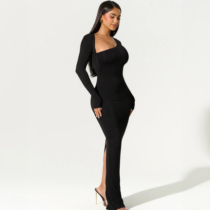 Robe longue sexy noire à fente asymétrique