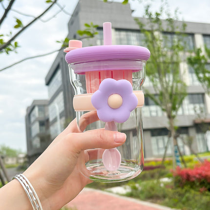 Tasse en verre à motif de fleurs avec couvercle, paille et infuseur