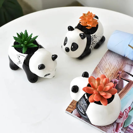 Pot de fleurs en céramique panda mignon - Pot de fleurs en forme d'animal de dessin animé noir et blanc pour la décoration intérieure