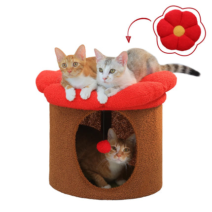 Acogedora casa para gatos con forma de flor y bola de pompón: condominio para gatos de dos pisos