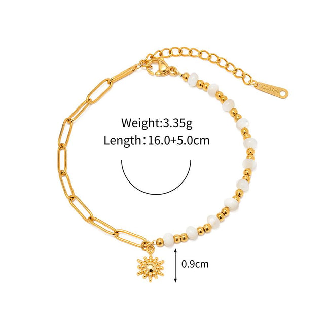 Pulsera elegante de acero inoxidable con colgante de sol y cuentas para mujer