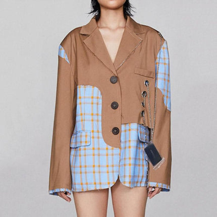 Chic Winter Checkered Blazer with Chain Accent for Women - Wnkrs