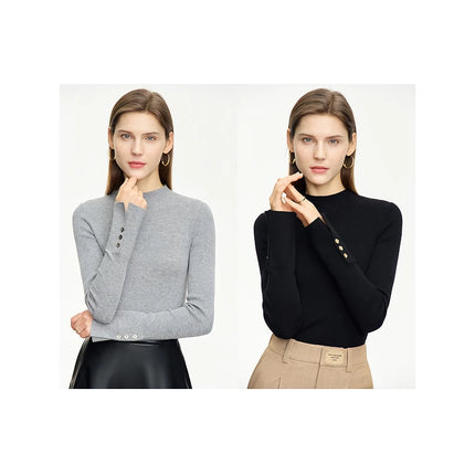 Minimalist Mock Neck Sweater with Slit Cuffs and Metal Buckle