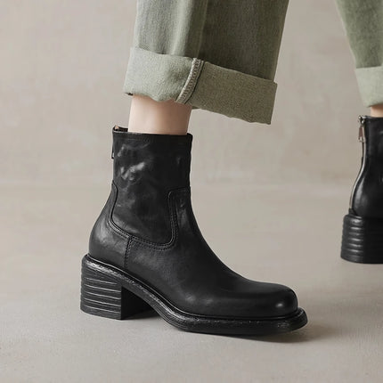 Bottines en cuir véritable pour femmes - Talons hauts, style moto court