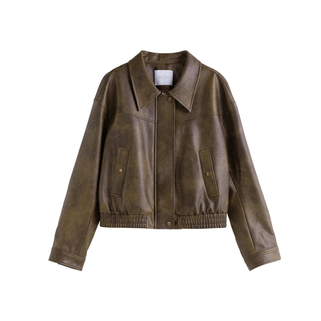 Chaqueta de cuero retro elegante y moderna para mujer: chaqueta corta informal de otoño