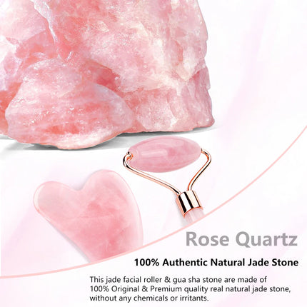 Juego de rodillo de jade y gua sha de cuarzo rosa natural