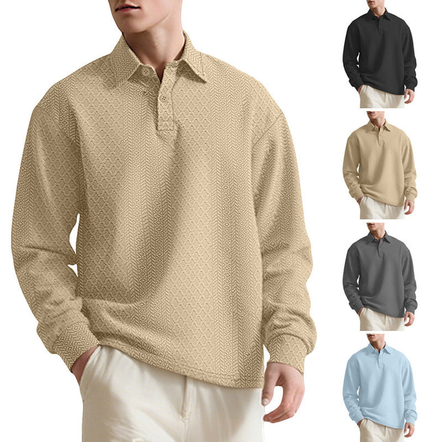 Polo homme à manches longues, col à revers, couleur unie jacquard texturée.