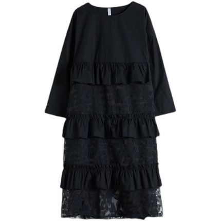 Plus Size Black Lace Stitching Long Sleeve Loose Retro Dress