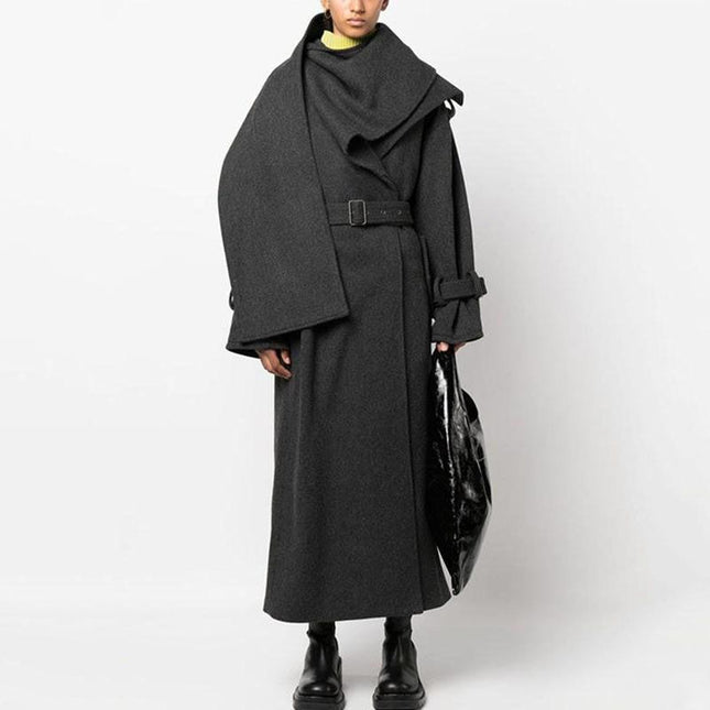 Casual Chic Spliced Belt Coat with Scarf Collar