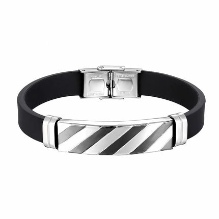 Geometric Stripe Stainless Steel and Silicone Cuff Bracelet