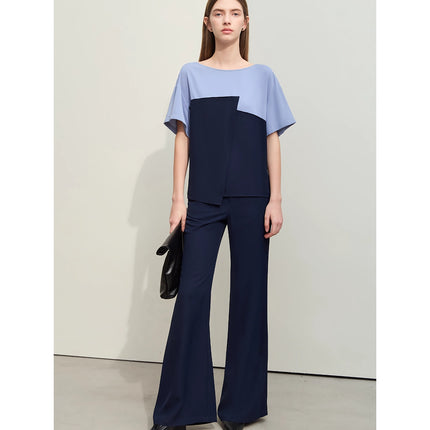 Minimalist Spliced Chiffon Shirt and Wide-Leg Pants Set for Women