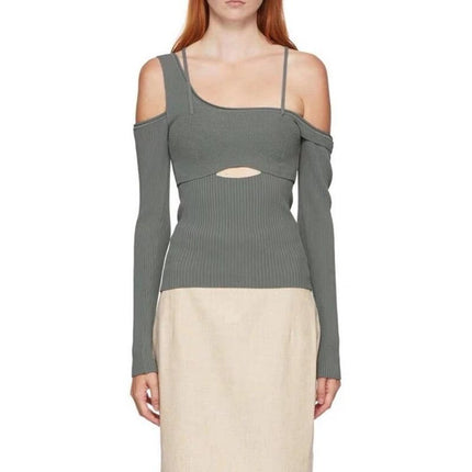 Asymmetrical Full-Sleeve Square Knit Elastic Backless Top
