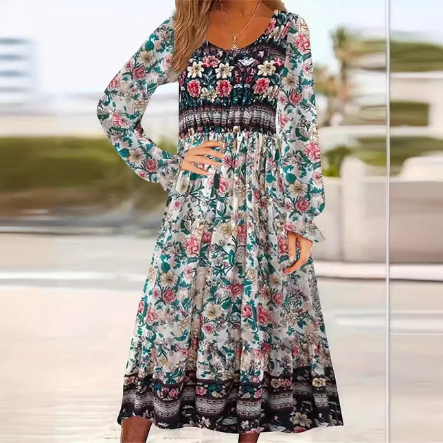 Printed Dress Round Neck Pullover Long Sleeve Temperament Commute