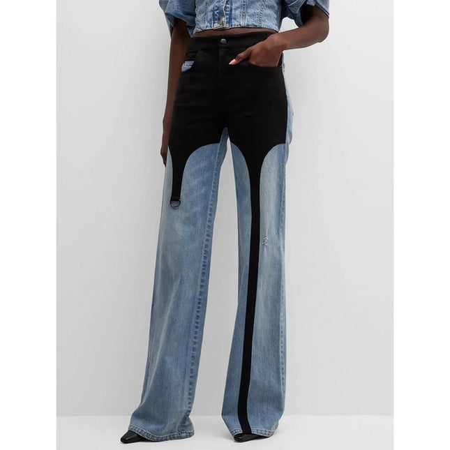 Jean taille haute à jambes larges et coutures contrastées pour femme