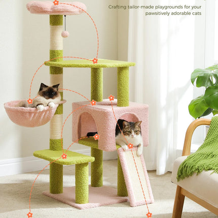 Arbre à chat à fleurs de 47 pouces, tour à plusieurs niveaux avec poteaux à gratter en sisal et perchoir confortable pour chats d'intérieur