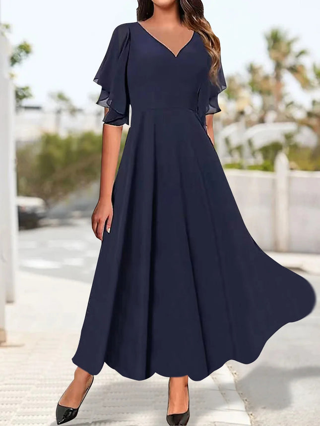 Robe unie élégante à col en V et à volants pour femme