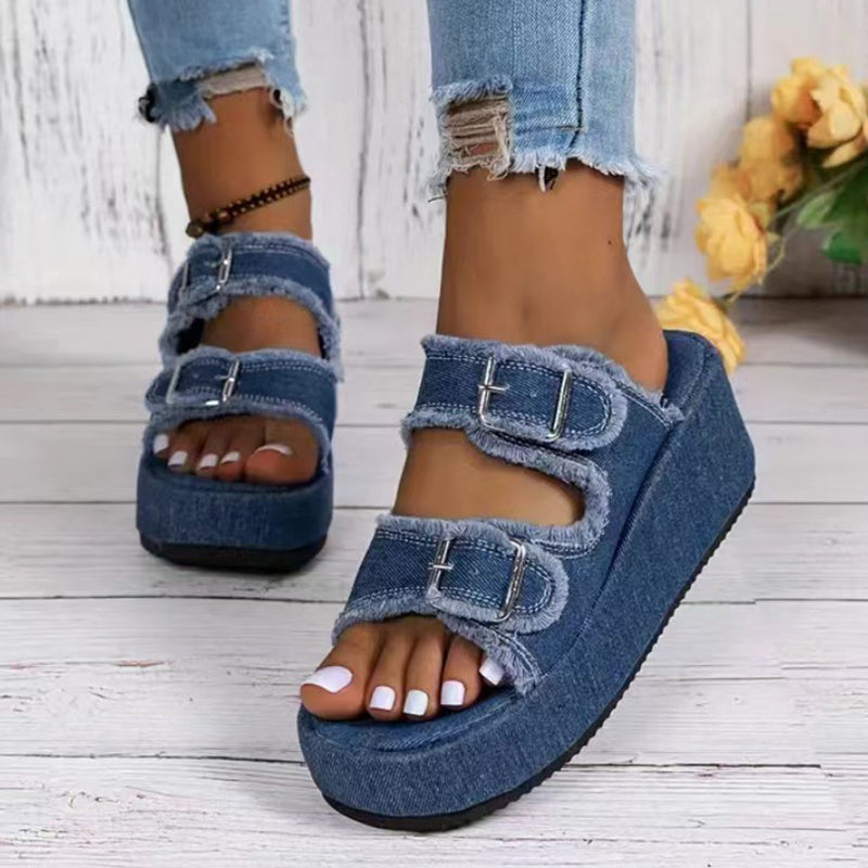 Buckle-Band Wedge Slides with Foam Soles
