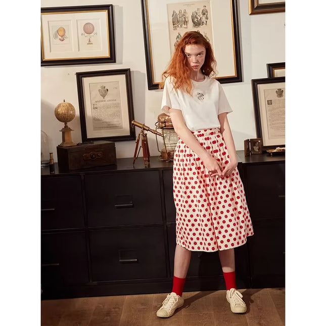 Falda de algodón con lunares en forma de A para mujer con cintura elástica y botones decorativos