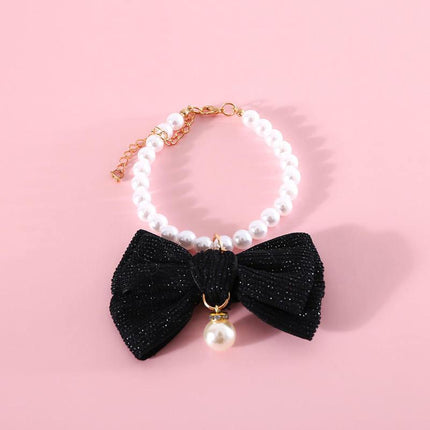 Elegante collar de perlas para gatos y perros pequeños con lazo de diamantes de imitación