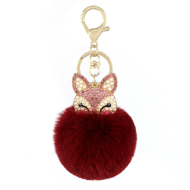 Women's Rhinestones Decorated Fox Fur Ball Keychain - Wnkrs