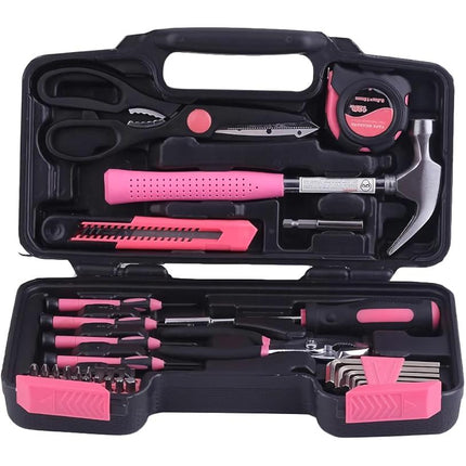 Kit de herramientas para el hogar de 39 piezas en color rosa: perfecto para usar en el hogar, la oficina, el garaje y el dormitorio