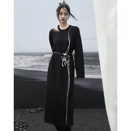 Vestido tipo suéter de punto negro elegante y bordado para mujer