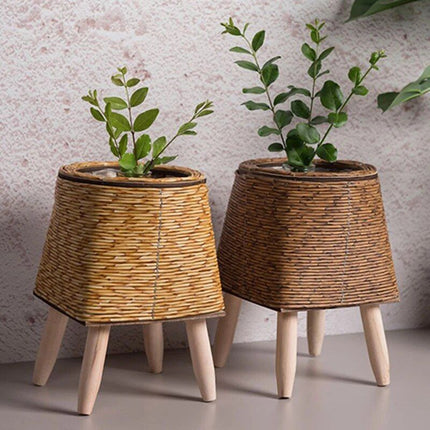 Elegant Nordic-Style Woven Plant Stand with Wooden Legs - Wnkrs