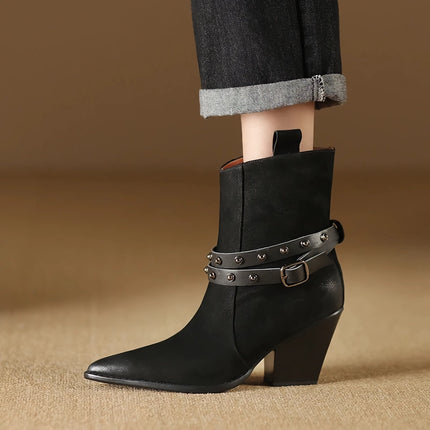 Bottes en cuir à talon épais et bout pointu élégantes pour femmes