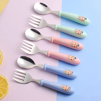 Stainless Steel Toddler Cutlery Set - Cartoon Infant Feeding Spoon & Fork with Travel Case