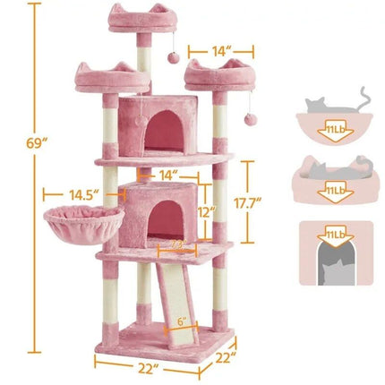 Pink 69'' Multi-Level Cat Tree with Condos, Scratching Posts & Platforms - Wnkrs