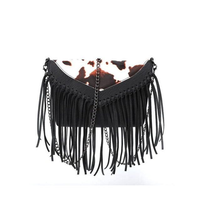 Sac bandoulière bohème à imprimé animal avec franges à pompons