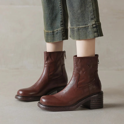 Bottines en cuir véritable pour femmes - Talons hauts, style moto court