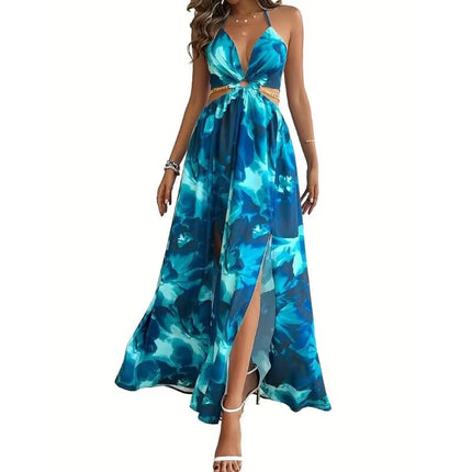 Womens Floral Print Backless Side-Slit Dress