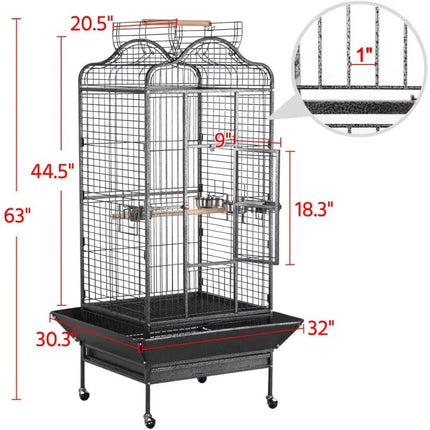 Cage à oiseaux à toit ouvert et roulante