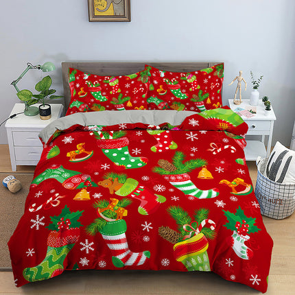 Red Cartoon Santa Claus Three-piece Digital Printing Bedspread - Wnkrs