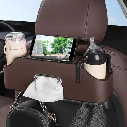 Universal PU Leather Car Seat Back Organizer with Cup Holder & Hooks - Wnkrs