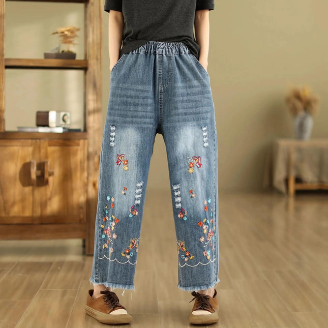 Pantalon en jean à jambe large brodé de style bohème