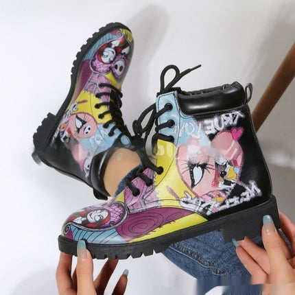 Bottes montantes en cuir à lacets et imprimé dessin animé pour femmes