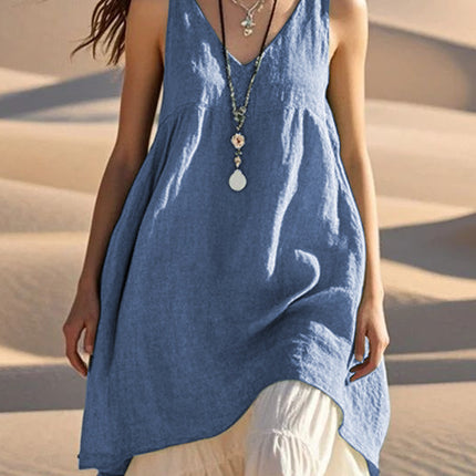 Vestido de playa sin mangas de algodón y lino, color liso y escote en V.