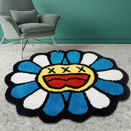 Alfombra con mechones de colores y cara sonriente