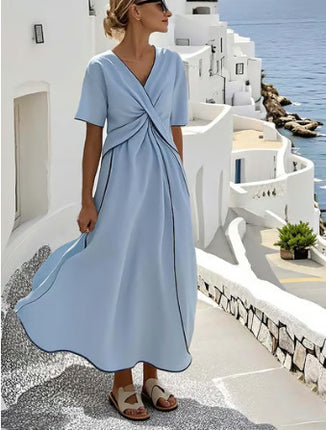 Summer Vacation V-Neck Womens Short-Sleeve Pleated Maxi Dress