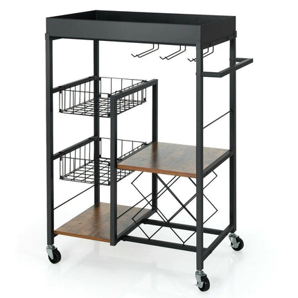 4-Tier Rolling Kitchen Bar Cart with Wine Rack and Removable Tray - Wnkrs