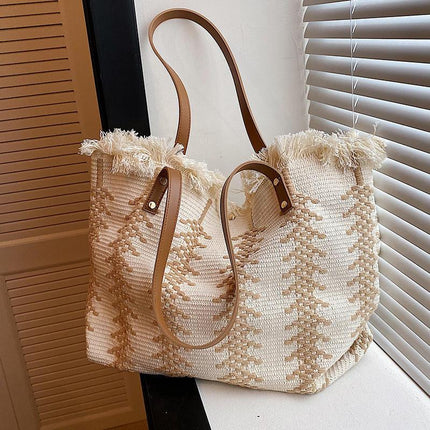 Sac fourre-tout à franges en toile de grande capacité